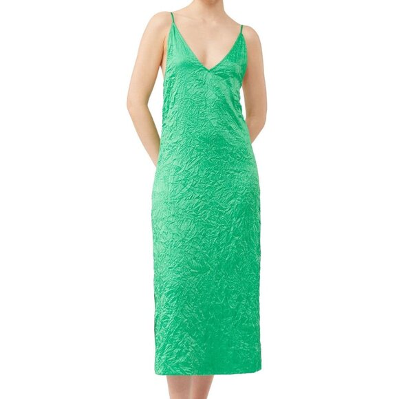 Ganni Crinkled Satin Slip Dress In Bright Green - Picture 1 of 4